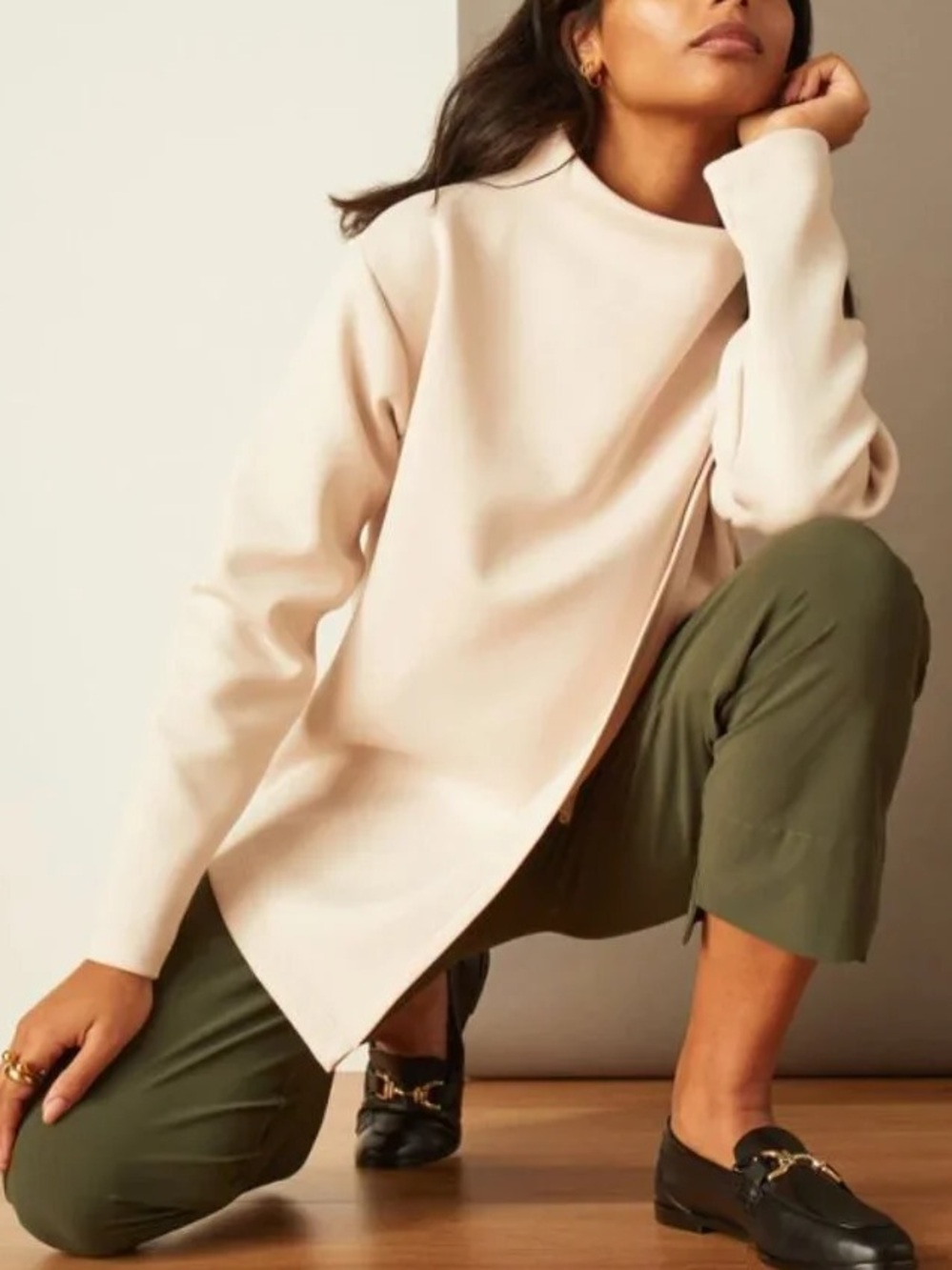 Aday Like A Boss Asymmetrical Pullover Sweatshirt Sand Beige Scuba Mock Neck XS